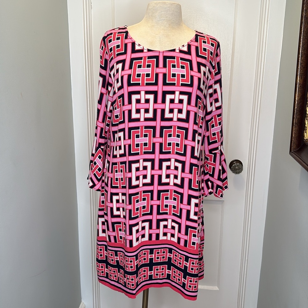 Pink, White & Black Bell Sleeve Crown & Ivy Dress Size Large